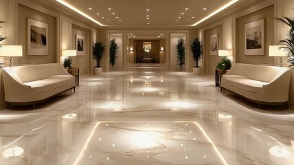 Slow Camera Glide Through a Luxurious Hotel Lobby with Polished Marble Floors and Elegant Lighting. - Powered by Adobe