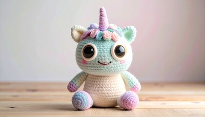 Cute handmade crochet monster unicorn toy, colorful yarn, whimsical design, studio or lifestyle setting.
