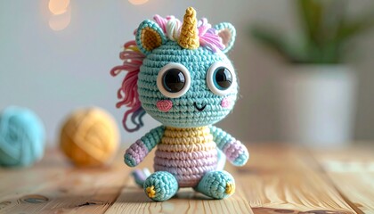 Cute handmade crochet monster unicorn toy, colorful yarn, whimsical design, studio or lifestyle setting.