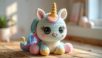 Cute handmade crochet monster unicorn toy, colorful yarn, whimsical design, studio or lifestyle setting.