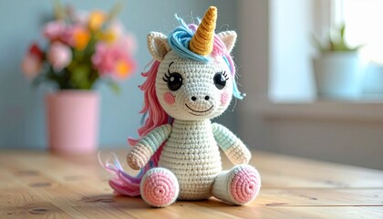 Cute handmade crochet monster unicorn toy, colorful yarn, whimsical design, studio or lifestyle setting.