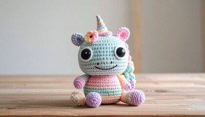 Cute handmade crochet monster unicorn toy, colorful yarn, whimsical design, studio or lifestyle setting.