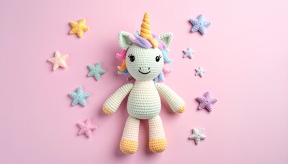Cute handmade crochet monster unicorn toy, colorful yarn, whimsical design, studio or lifestyle setting.