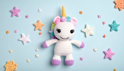 Cute handmade crochet monster unicorn toy, colorful yarn, whimsical design, studio or lifestyle setting.