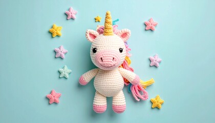 Cute handmade crochet monster unicorn toy, colorful yarn, whimsical design, studio or lifestyle setting.