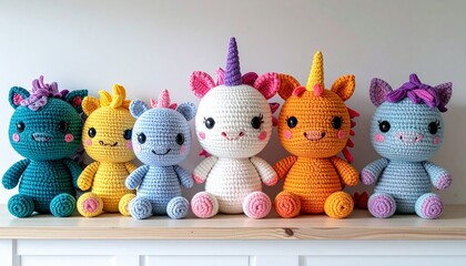 Cute handmade crochet monster unicorn toy, colorful yarn, whimsical design, studio or lifestyle setting.