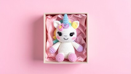 Cute handmade crochet monster unicorn toy, colorful yarn, whimsical design, studio or lifestyle setting.