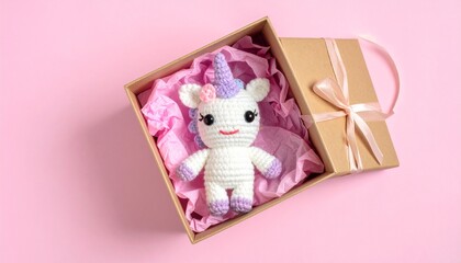 Cute handmade crochet monster unicorn toy, colorful yarn, whimsical design, studio or lifestyle setting.