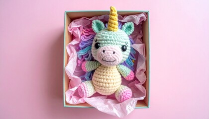 Cute handmade crochet monster unicorn toy, colorful yarn, whimsical design, studio or lifestyle setting.