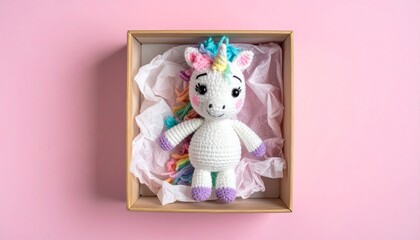 Cute handmade crochet monster unicorn toy, colorful yarn, whimsical design, studio or lifestyle setting.