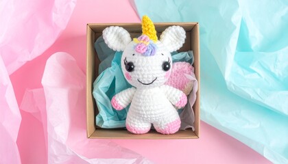 Cute handmade crochet monster unicorn toy, colorful yarn, whimsical design, studio or lifestyle setting.