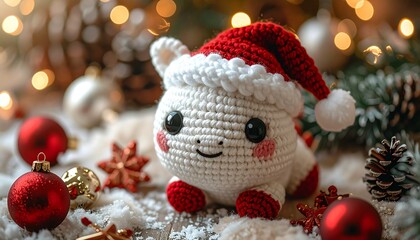 Cute handmade crochet monster unicorn toy, colorful yarn, whimsical design, studio or lifestyle setting.