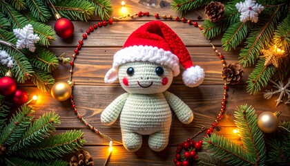 Cute handmade crochet monster unicorn toy, colorful yarn, whimsical design, studio or lifestyle setting.