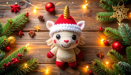 Cute handmade crochet monster unicorn toy, colorful yarn, whimsical design, studio or lifestyle setting.