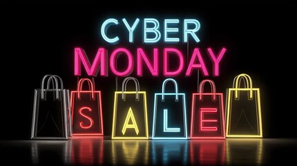 Cyber Monday neon LED banner animation glowing on black background, digital sale and online shopping concept, futuristic promotion design for e-commerce discounts and tech deals - Powered by Adobe