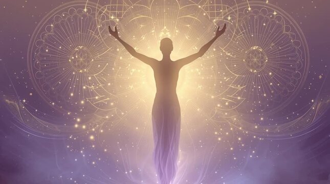 Genderless ethereal being standing in meditation within an astral plane, spiritual and cosmic concept with glowing light energy, inner peace, and universal consciousness symbolism