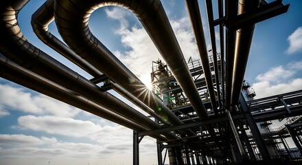 Fototapeta premium Industrial Pipeline Landscape Interconnected Pipes in a Large Industrial Complex