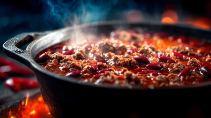 A hearty pot of simmering chili showcasing rich textures, robust flavors, and a tantalizing aroma rising from the bubbling meat and beans mixture in a rustic setting.