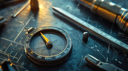 Vintage Compass and Measurement Tools on Blueprints Background