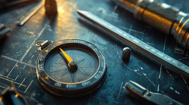 Vintage Compass and Measurement Tools on Blueprints Background - Powered by Adobe