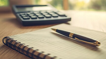 Notebook and Pen with Calculator on Wooden Desk by Window Light