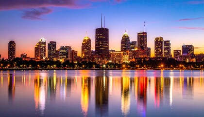 Fototapeta premium Illuminated Cityscape Reflection on Calm Water at Twilight with Dramatic Sky and Vivid Colors of Urban Skyline at Evening
