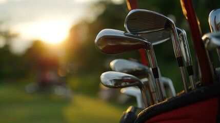 Golf clubs resting in a bag with a soft focus background of a bright morning on the golf course. The composition emphasizes relaxation, readiness, and sporting lifestyle.