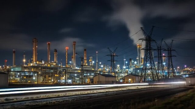 Time lapse of industrial areas, power substations at night, and petrochemicals, oil products manufacturing, and power plants at night. 4k video