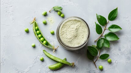 Green pea protein powder with fresh green peas scattered around, highlighting a nutritious supplement choice for health-conscious eating and plant-based diets.