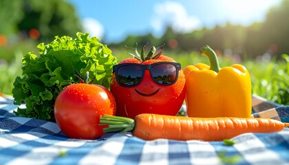 Funny tomato wearing sunglasses with lettuce, carrot, and bell pepper on picnic blanket in sunny outdoor setting.