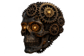 Steampunk skull with glowing mechanical gears and transparent background
