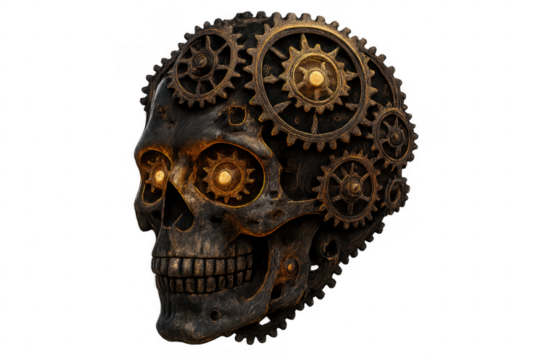 Steampunk skull with glowing mechanical gears and transparent background