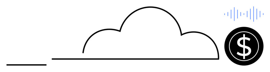 Cloud with digital audio waves and a dollar sign symbolizing cloud computing, sound data, and financial success. Ideal for technology, finance, innovation, cloud services, sound design, analytics