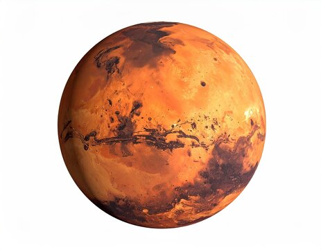 Red planet Mars view, dusty, detailed texture against white