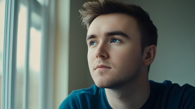 Thoughtful young man looks out of the window indoors, daydreaming concept