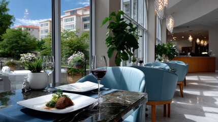 This image showcases a fine dining table set beautifully against expansive window views of a lush garden, creating an inviting luxury dining experience.