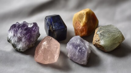 Healing reiki chakra crystals over fabric background. Gemstones for wellbeing, harmony, meditation, relaxation, metaphysical, spiritual practices. Energetical power concept