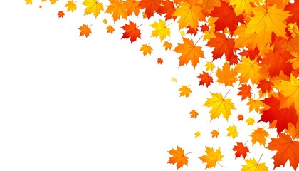 Falling, colorful leaves arranged diagonally across a white background
