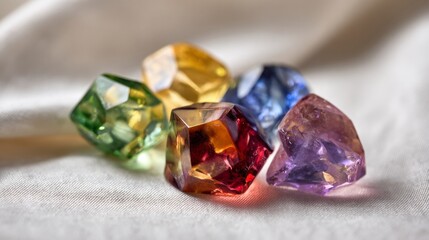 Healing reiki chakra crystals over white fabric background. Gemstones for wellbeing, harmony, meditation, relaxation, metaphysical, spiritual practices. Energetical power concept