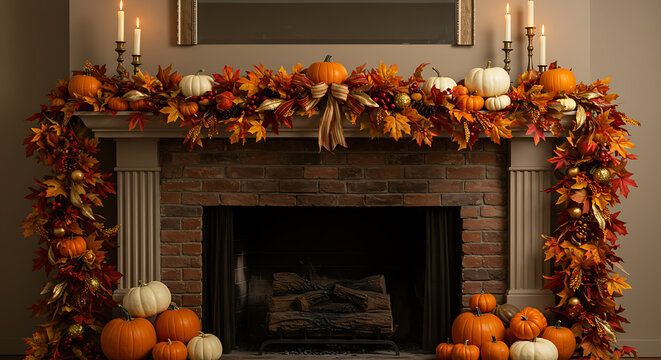 Warm Autumn Fireplace Mantel with Festive Fall Garland, Pumpkins, and Glowing Candles, Seasonal Home Decor - Powered by Adobe