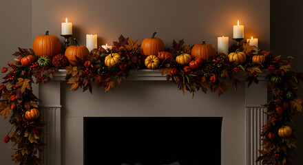 Autumn Fireplace Mantel Decor with Pumpkins, Gourds, and Glowing Candles. Cozy Fall and Thanksgiving Home Decoration.