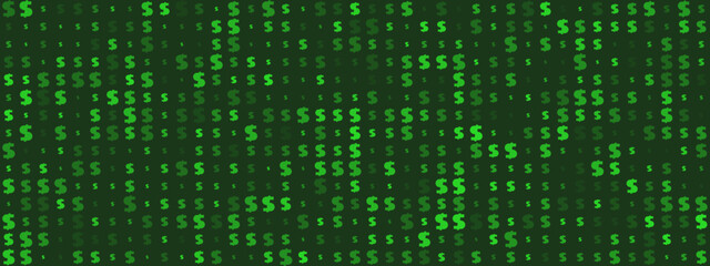 Seamless pattern of green dollar signs on a dark background, representing finance, wealth, and economic growth.