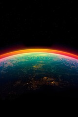 Obraz premium Earth Horizon at Sunrise from Space Showing Glowing Atmosphere, Planet Curvature, City Lights, and Cosmic Darkness Viewed from Orbit 