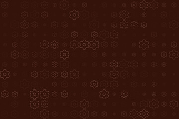 Seamless pattern of outlined gears on a dark brown background, representing technology, industry, and mechanical processes.