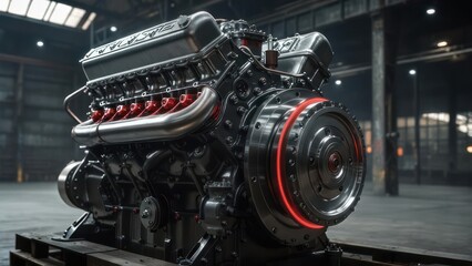 Fototapeta premium Powerful V12 Engine Displayed in Industrial Warehouse Setting.