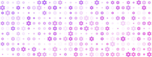 Abstract seamless pattern with purple and pink geometric shapes resembling gears or stylized flowers on a white background, varying in size and opacity.