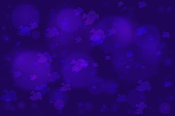 Spooky Halloween background with numerous cartoon ghosts floating in a dark blue and purple ethereal atmosphere, perfect for festive designs and decorations.