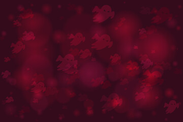 Spooky red background with flying ghost figures and blurred bokeh lights, perfect for Halloween designs and eerie themes