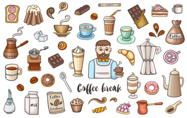 An assortment of coffeerelated items and sweets arranged on a white background
