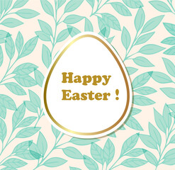 An Easter egg shape with gold trim on a background of light green leaves